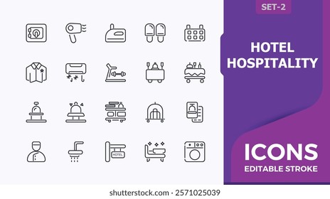 Hotel Hospitality line icons set. It contains symbols to parking, hospitality, break, pool, travel, single bed and more. Minimalistic icon. Vector outline icons collection.
