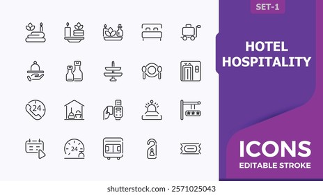 Hotel Hospitality line icons set. It contains symbols to parking, hospitality, break, pool, travel, single bed and more. Minimalistic icon. Vector outline icons collection.