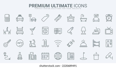 Hotel hospitality, reception thin line icons set vector illustration. Abstract outline breakfast food in restaurant and taxi transfer to airport, parking and facilities, bedroom furniture and room key