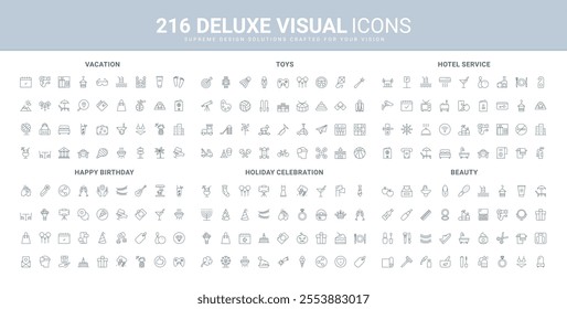 Hotel hospitality and room service, happy birthday invitation and gifts, beauty makeup and hygiene kit line icon set. Travel vacation, robots and toys thin black outline symbols vector illustration