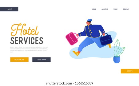 Hotel Hospitality Service Website Landing Page. Bell Boy Carrying Suitcases. Bellman Male Hotel Worker in Uniform Running with Luggage Meeting Guest Web Page Banner. Cartoon Flat Vector Illustration