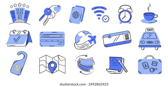 Hotel or hostel blue color doodle icon set. Tourism, travel hand drawn illustrations on white background.