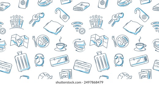 Hotel or hostel blue color pen doodle icon seamless pattern. Tourism, travel hand drawn illustrations on white background.