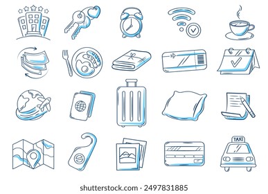 Hotel or hostel doodle blue color icon set. Tourism, travel hand drawn illustrations on white background.