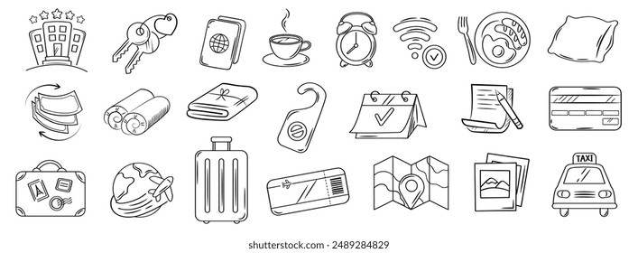 Hotel or hostel doodle icon set. Tourism, travel hand drawn illustrations on white background.