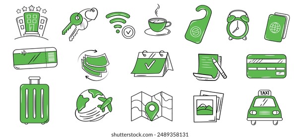 Hotel or hostel green color doodle icon set. Tourism, travel hand drawn illustrations on white background.