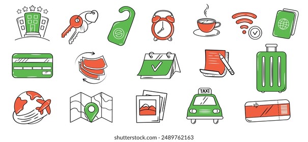 Hotel or hostel green orange color doodle icon set. Tourism, travel hand drawn illustrations on white background.