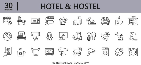 Hotel and Hostel line icons set with Travel, Room, Service, Bed, Reception, Restaurant, Parking, Shower, Rental and more. Editable Stroke