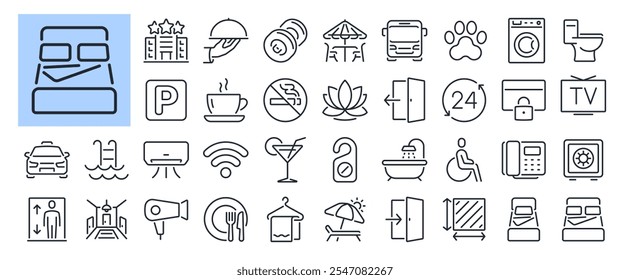 Hotel and hostel service and hospitality editable stroke outline icons set isolated on white background flat vector illustration. Pixel perfect. 64 x 64