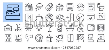 Hotel and hostel service and hospitality editable stroke outline icons set isolated on white background flat vector illustration. Pixel perfect. 64 x 64