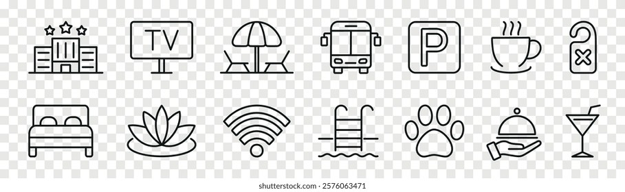 Hotel and hostel service and hospitality outline icons set