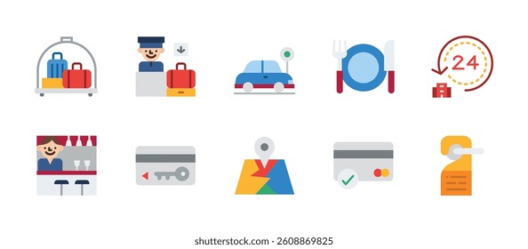 hotel hostel service tourist accommodation icons. flat color style icon set