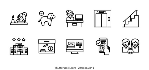 hotel hostel service tourist accommodation icons. outline minimal style icon set