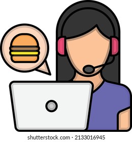 Hotel Hotline Concept, Call Center For Food Ordering Vector Color Icon Design, Retail Food Delivery Service Symbol, Touch Less Meal Courier Sign, Grocery Pickup Stock Illustration,Girl Wearing Headset