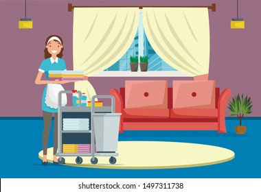 Hotel or House Cleaning Service Flat Cartoon Banner Vector Illustration. Maid in Uniform Pushing Trolley Cart with Supplies such as Detergents, Washclothes and Bedclothes. Cleaner Holding Linen.