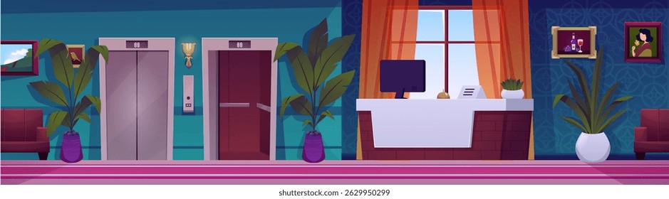 Hotel, house or company lobby and reception or concierge desk. Vintage hall interior with lift elevators, paintings, armchair and potted plants vector flat illustration