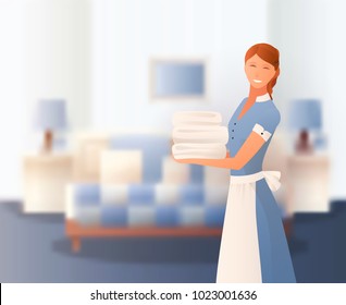 Hotel Housekeeping Staff At Work Gradient Composition With  Young Smiling Room Maid Holding Bath Towels Set Vector Illustration 