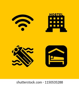 hotel icon. 4 hotel set with hostel, relax, accomodation and wifi vector icons for web and mobile app