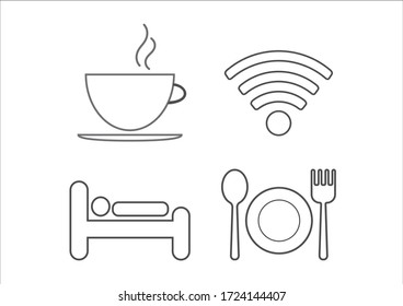 Hotelsymbol. 4 einfaches Rahmenhotel für Herberge. Kaffee , WLAN , Bett , Lebensmittel