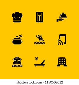 hotel icon. 9 hotel set with swimming pool, sunbathing, cook and wifi vector icons for web and mobile app