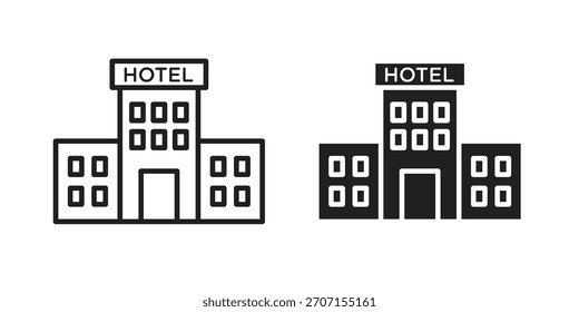 hotel icon in a black stroke vector design and flat solid version on white background