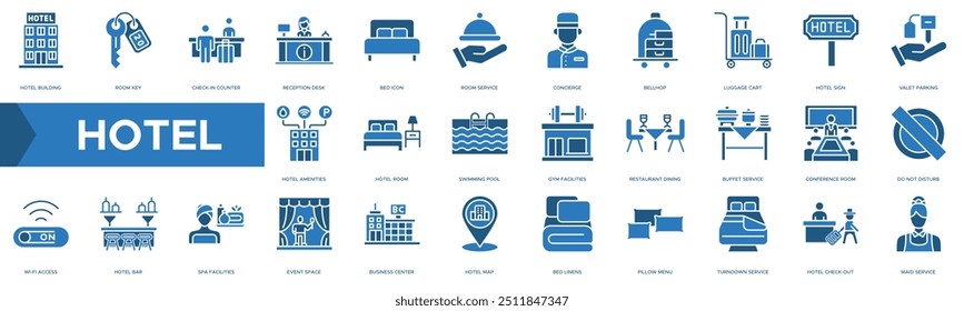 Hotel icon. Hotel Building, Room Key, Check-In Counter, Reception Desk and Bed Icon