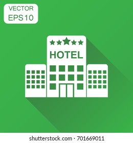 Hotel icon. Business concept hotel pictogram. Vector illustration on green background with long shadow.
