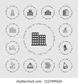 Hotel icon. collection of 13 hotel outline icons such as building, building   isolated  sign symbol, business center, maid, bell. editable hotel icons for web and mobile.