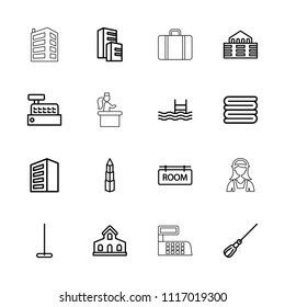 Hotel icon. collection of 16 hotel outline icons such as building, mop, towels, pool, room tag, airport desk, maid. editable hotel icons for web and mobile.