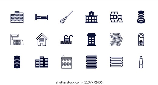 Hotel icon. collection of 18 hotel filled and outline icons such as bed, building, business centre, towels, pool ladder, mop. editable hotel icons for web and mobile.