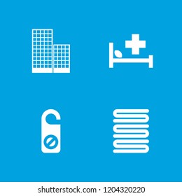 Hotel icon. collection of 4 hotel filled icons such as building, medical bed, towels. editable hotel icons for web and mobile.