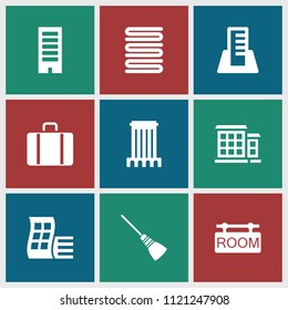 Hotel icon. collection of 9 hotel filled icons such as modern curved building, building, towels, room tag, mop. editable hotel icons for web and mobile.