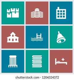 Hotel icon. collection of 9 hotel filled icons such as building, building   isolated  sign symbol, pool, medical bed, bell, luggage. editable hotel icons for web and mobile.