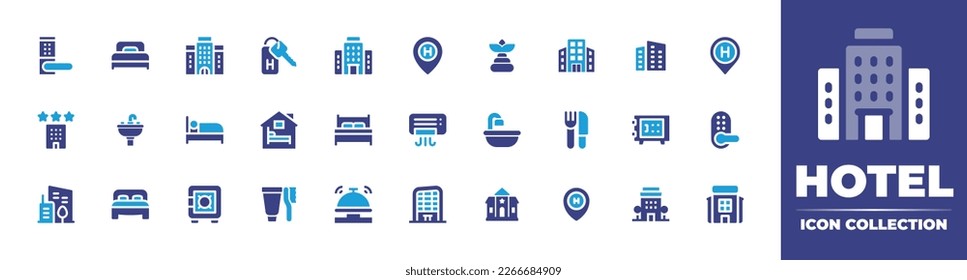 Hotel icon collection. Duotone color. Vector illustration. Containing handle, bed, hotel, location, spa, building, city building, three star, sink, accommodation, air conditioner, bathtub, restaurant.