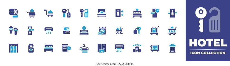 Hotel icon collection. Duotone color. Vector illustration. Containing toilet paper, room service, food cart, room key, bed, elevator, check out, slippers, door handle, air conditioner, towels, sleep.