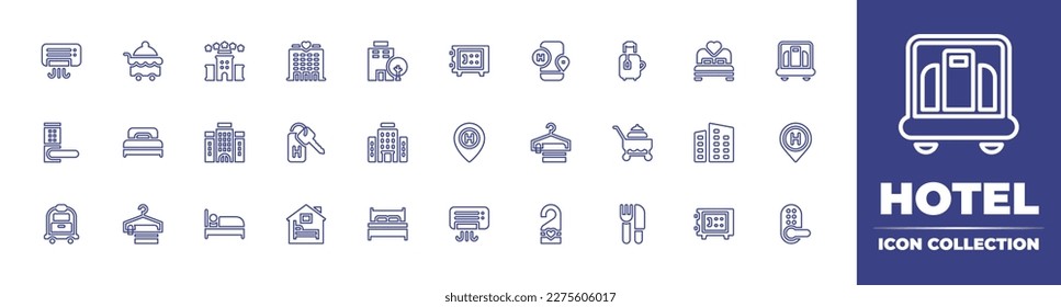 Hotel icon collection. Duotone color. Vector illustration. Containing air conditioner, room service, hotel, safety box, suitcase, bed, luggage cart, handle, location, towel, food cart, city building.