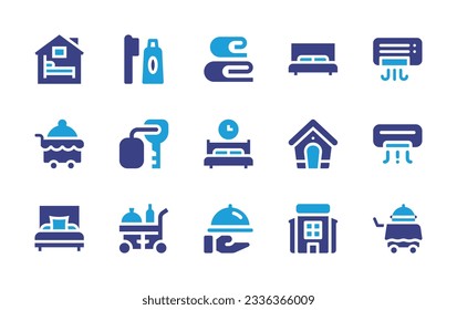 Hotel icon collection. Duotone color. Vector illustration. Containing accommodation, toothpaste, towels, sleep, air conditioner, room service, room key, pet house, bed, food trolley, hotel. 