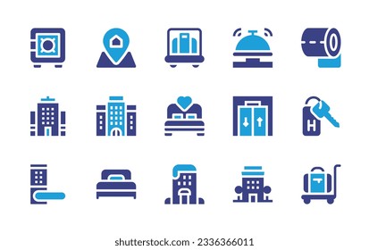 Colección de iconos del hotel. Color de duotona. Ilustración vectorial. Contienen caja fuerte, alfiler, carretilla para maletas, campana de hotel, papel higiénico, hotel, cama, ascensor, asidero, equipaje. 