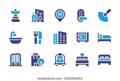 Hotel icon collection. Duotone color. Vector illustration. Containing spa, city, hotel, handle, duster, bathtub, restaurant, city building, safety box, bellhop, bed. 