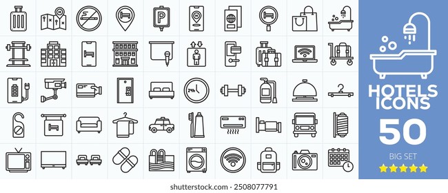 Hotel icon collection. Duotone color. Vector illustration. Containing hotel, room service, barbershop, pet house, pin, toothpaste, food cart, door knob, towel, bed, suitcase, bellhop, luggage cart.