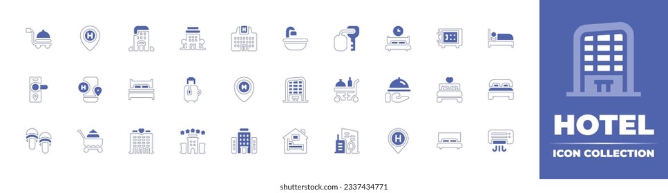 Hotel icon collection. Duotone style line stroke and bold. Vector illustration. Containing food cart, location, hotel, bathtub, room key, sleep, safety box, door handle, bed, suitcase, food, and more.