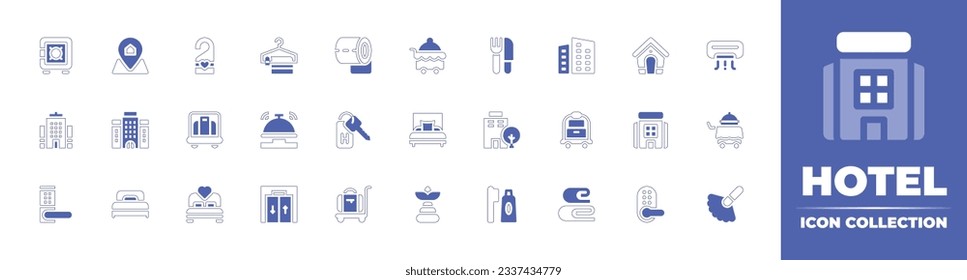 Hotel icon collection. Duotone style line stroke and bold. Vector illustration. Containing safe, pin, door knob, towel, toilet paper, room service, restaurant, city building, pet house, and more.