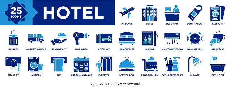 Conjunto de colección de icono de hotel. Equipaje, Servicio de campanas, Carrito de comida, Ascensor, Accesorios para el baño, Ducha, Icono de baño, Recepción, Percha de puerta, Hotel, Recepción