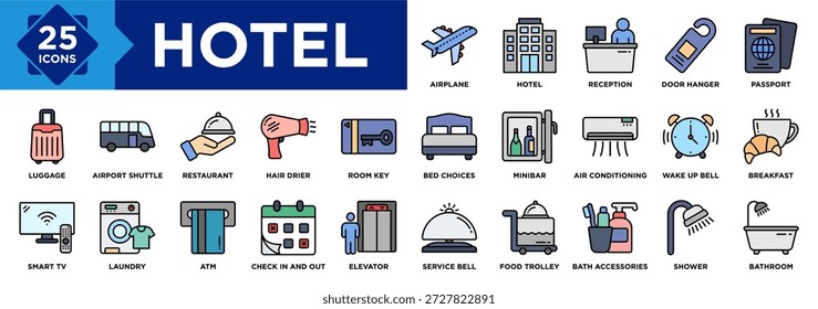 Conjunto de colección de icono de hotel. Equipaje, Servicio de campanas, Carrito de comida, Ascensor, Accesorios para el baño, Ducha, Icono de baño, Recepción, Percha de puerta, Hotel, Recepción