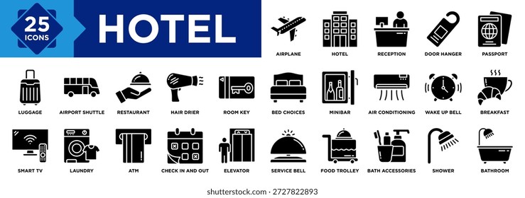 Conjunto de colección de icono de hotel. Equipaje, Servicio de campanas, Carrito de comida, Ascensor, Accesorios para el baño, Ducha, Icono de baño, Recepción, Percha de puerta, Hotel, Recepción