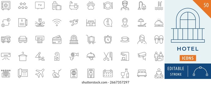 Hotelsymbol-Sammlungssatz. Bearbeitbarer Strich.