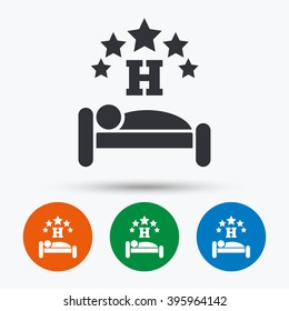 Hotel icon. Comfortable resort flat symbol. Flat signs in circles. Round buttons for web.