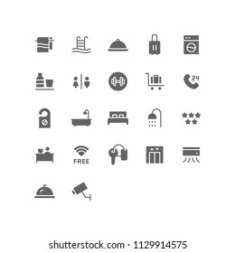 Hotel Icon Design Vector Symbol Set including towel, swimming pool, platter, suitcase, laundry, minibar, restroom, fitness, receptionist, room, bed, bathtub, key, wifi, lift