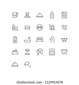 Hotel Icon Design Vector Symbol Set including towel, swimming pool, platter, suitcase, laundry, minibar, restroom, fitness, receptionist, room, bed, bathtub, key, wifi, lift