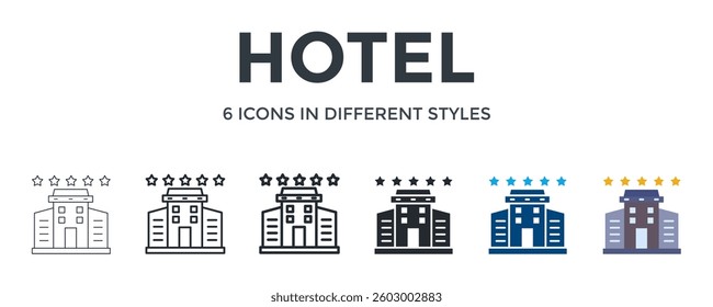 Hotel Icon In Different Style Vector Illustration. Designed In Thin Line, Regular Line, Bold Line, Glyph, Color Fill, And Flat Style Can Be Used For Web